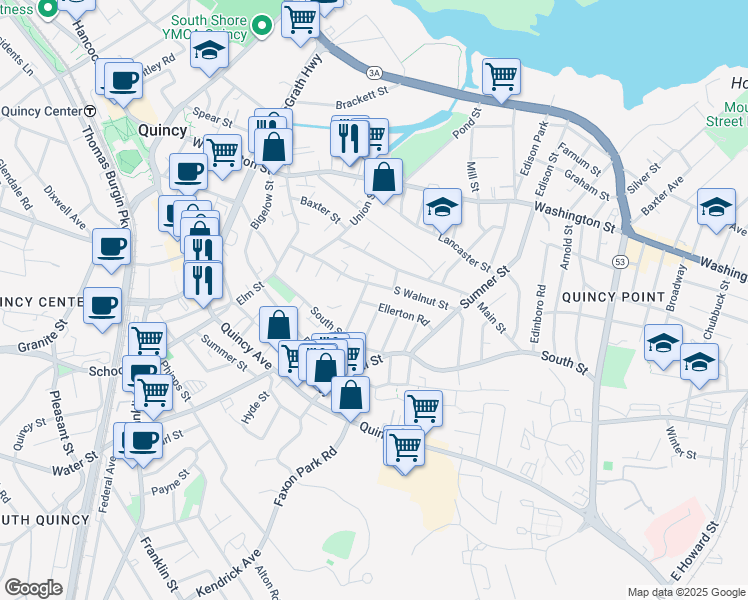 map of restaurants, bars, coffee shops, grocery stores, and more near 10 Ellerton Road in Quincy