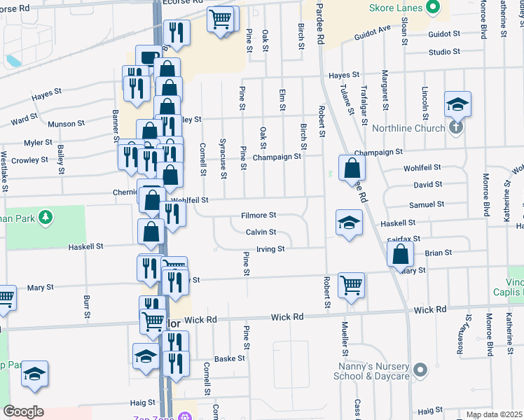 map of restaurants, bars, coffee shops, grocery stores, and more near 23486 Filmore Street in Taylor