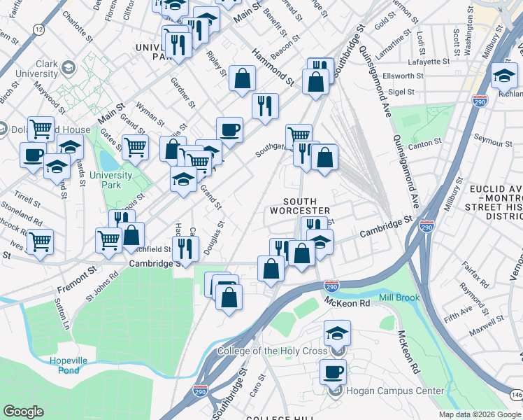 map of restaurants, bars, coffee shops, grocery stores, and more near 36 Lewis Street in Worcester