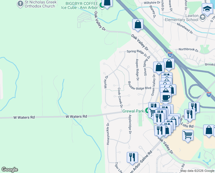 map of restaurants, bars, coffee shops, grocery stores, and more near 2789 Mystic Drive in Ann Arbor