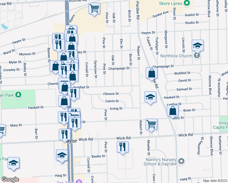 map of restaurants, bars, coffee shops, grocery stores, and more near 23486 Filmore Street in Taylor