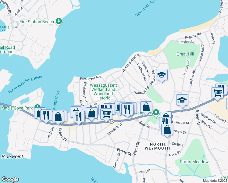 map of restaurants, bars, coffee shops, grocery stores, and more near 189 Sea Street in Weymouth