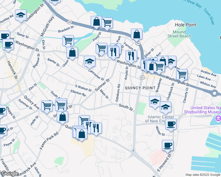 map of restaurants, bars, coffee shops, grocery stores, and more near 25 Harrington Avenue in Quincy