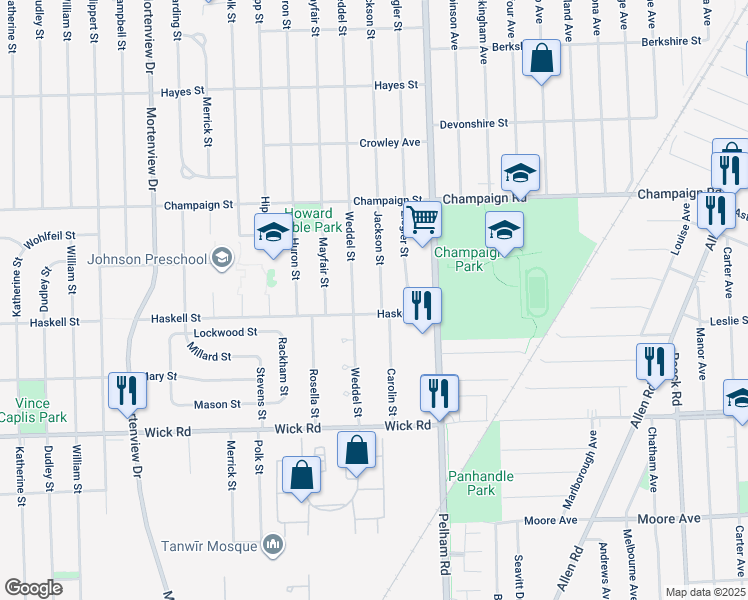 map of restaurants, bars, coffee shops, grocery stores, and more near 8740 Jackson Street in Taylor