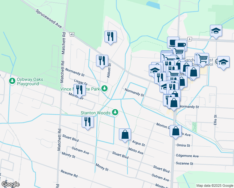 map of restaurants, bars, coffee shops, grocery stores, and more near 6033 North Woodmont Avenue in Windsor