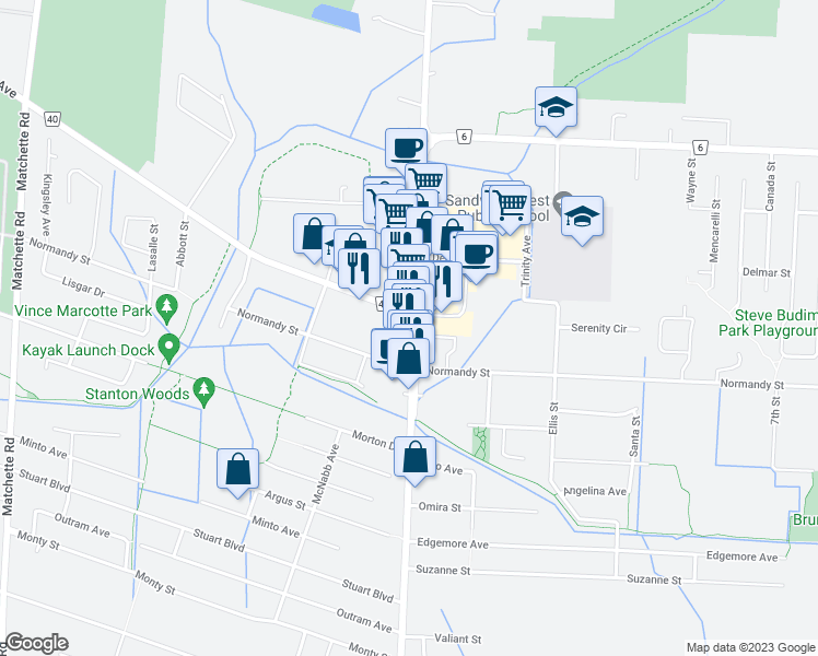 map of restaurants, bars, coffee shops, grocery stores, and more near 5915 County Road 3 in Windsor