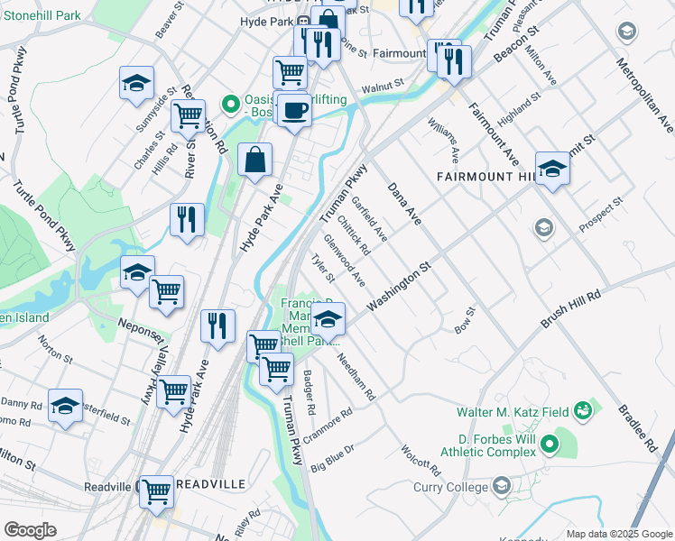 map of restaurants, bars, coffee shops, grocery stores, and more near 85 Loring Street in Boston