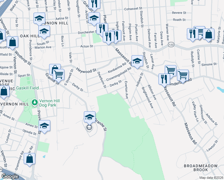 map of restaurants, bars, coffee shops, grocery stores, and more near 26 Beaumont Road in Worcester