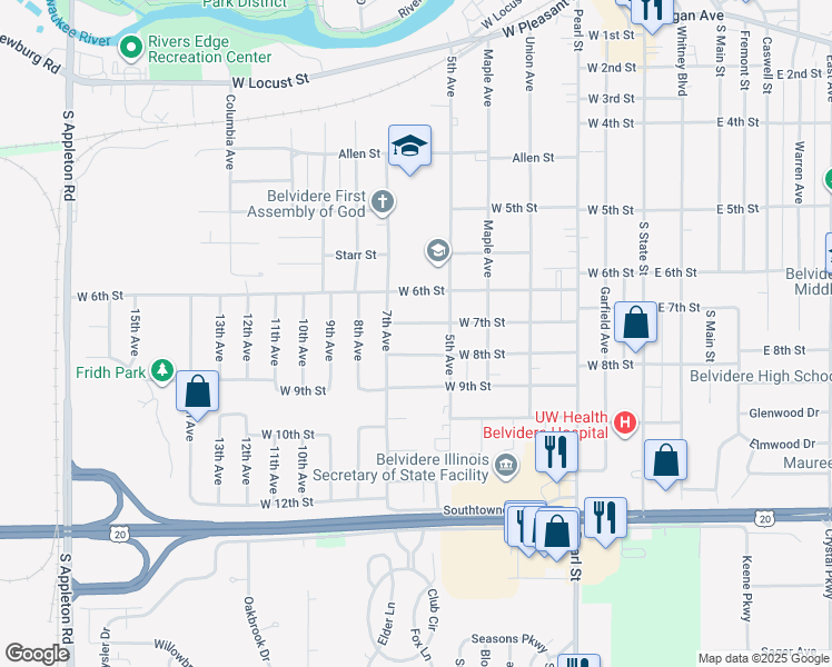 map of restaurants, bars, coffee shops, grocery stores, and more near 626 W 7th St in Belvidere
