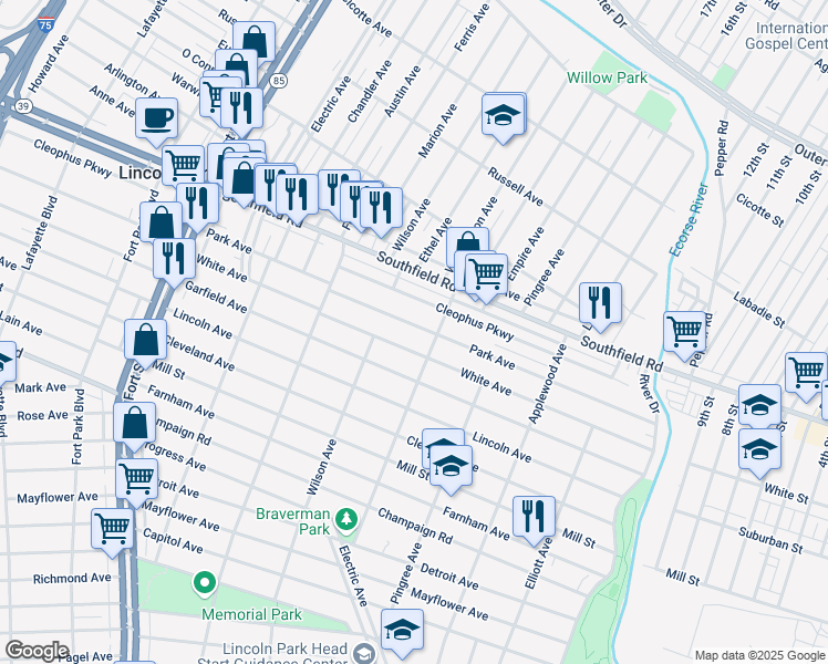 map of restaurants, bars, coffee shops, grocery stores, and more near 829 Park Avenue in Lincoln Park