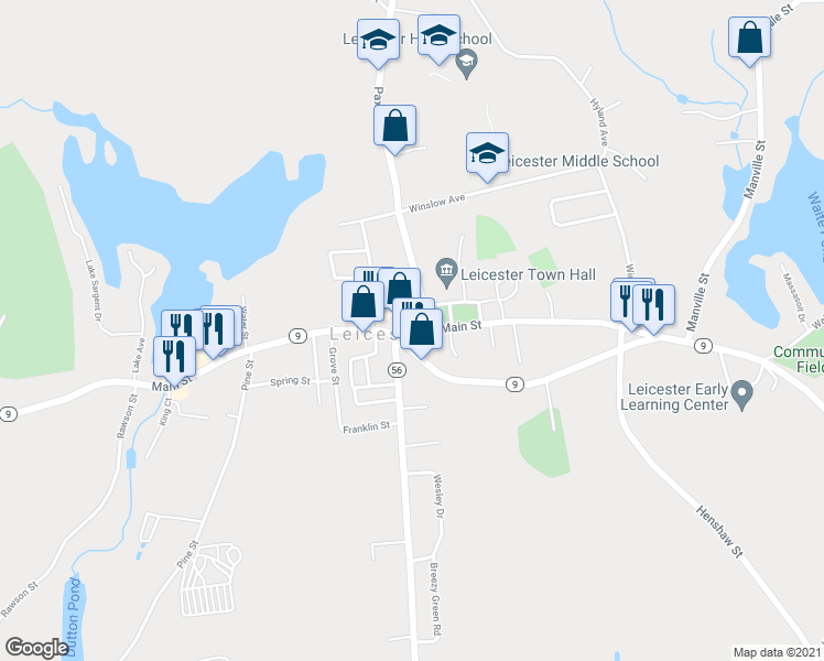 map of restaurants, bars, coffee shops, grocery stores, and more near 1041 Main Street in Leicester