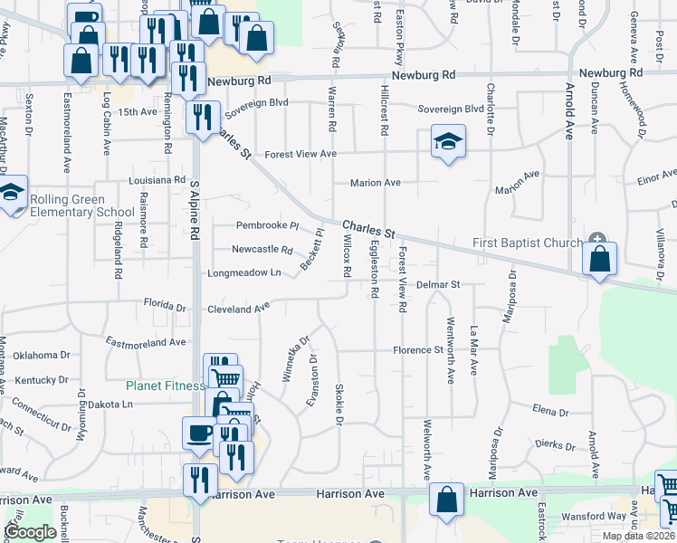 map of restaurants, bars, coffee shops, grocery stores, and more near 2033 Wilcox Road in Rockford