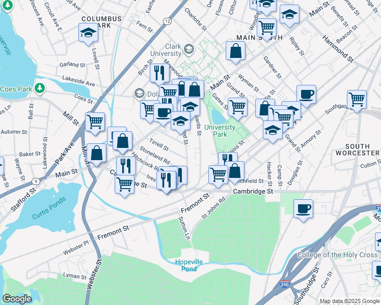 map of restaurants, bars, coffee shops, grocery stores, and more near 27 Freeland Street in Worcester