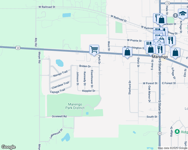 map of restaurants, bars, coffee shops, grocery stores, and more near 497 Eisenhower Street in Marengo