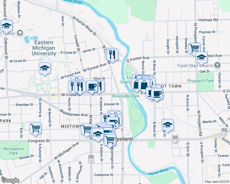 map of restaurants, bars, coffee shops, grocery stores, and more near 110 West Cross Street in Ypsilanti