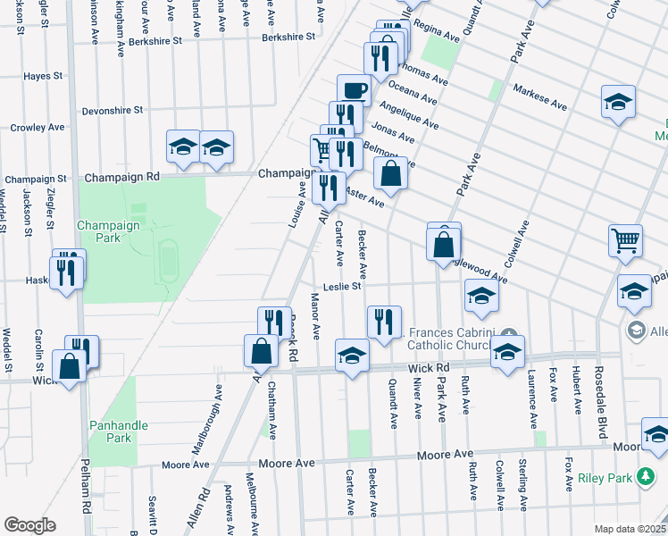 map of restaurants, bars, coffee shops, grocery stores, and more near 638 Carter Avenue in Allen Park