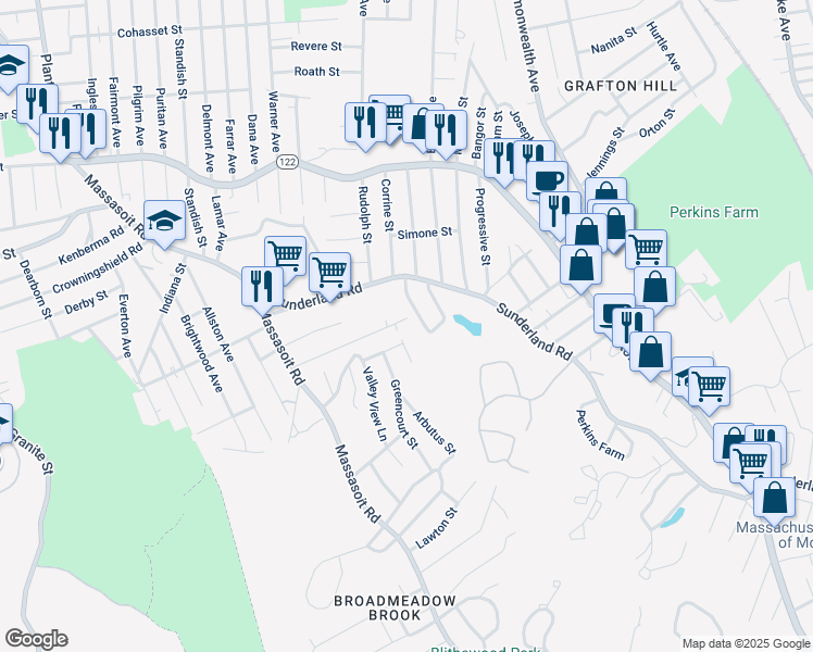 map of restaurants, bars, coffee shops, grocery stores, and more near 28 Benson Street in Worcester
