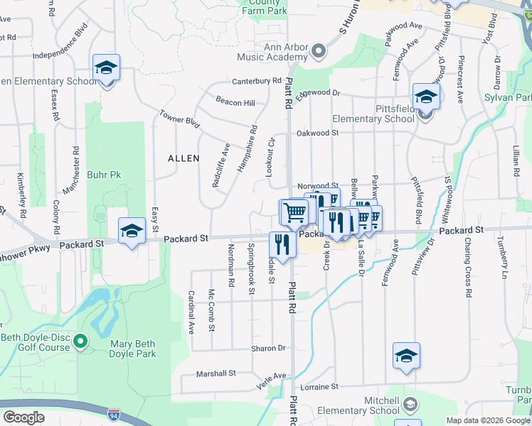 map of restaurants, bars, coffee shops, grocery stores, and more near 2976 Cascade Drive in Ann Arbor