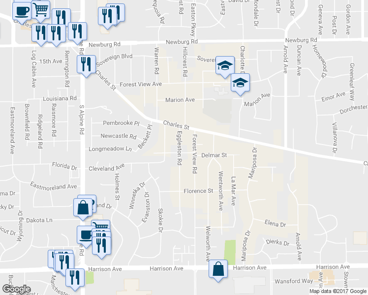map of restaurants, bars, coffee shops, grocery stores, and more near 2026 Eggleston Road in Rockford