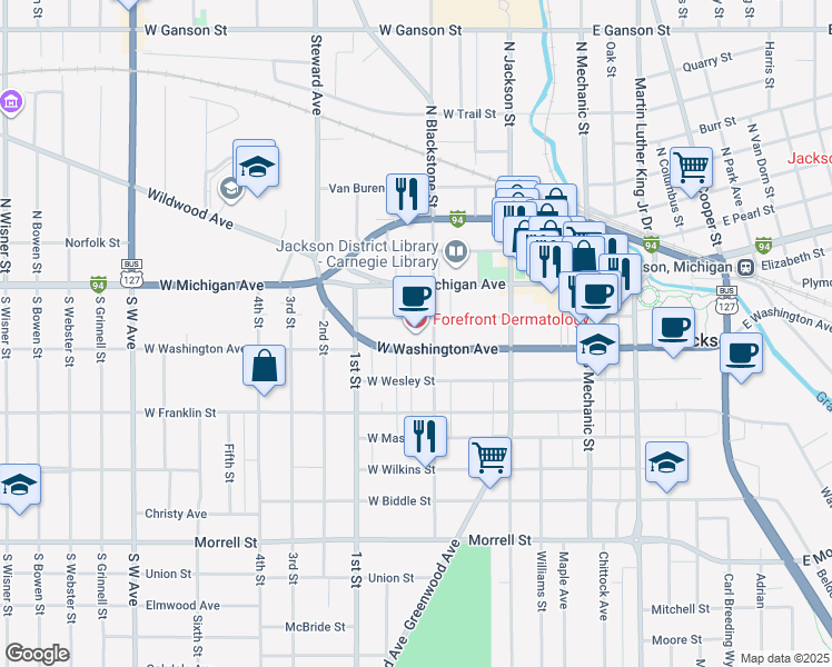 map of restaurants, bars, coffee shops, grocery stores, and more near 300 West Washington Avenue in Jackson