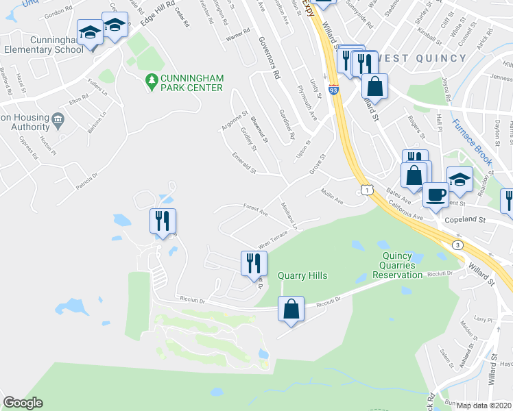 map of restaurants, bars, coffee shops, grocery stores, and more near 69 Forest Avenue in Quincy