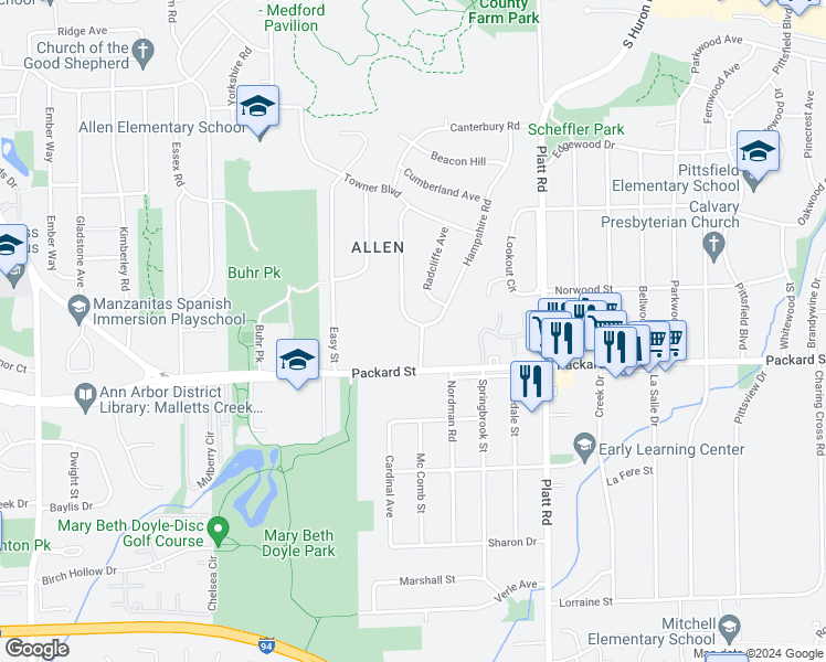 map of restaurants, bars, coffee shops, grocery stores, and more near 2816 Cranbrook Road in Ann Arbor