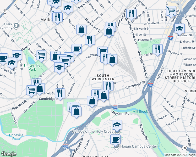 map of restaurants, bars, coffee shops, grocery stores, and more near 11 Lewis Street in Worcester