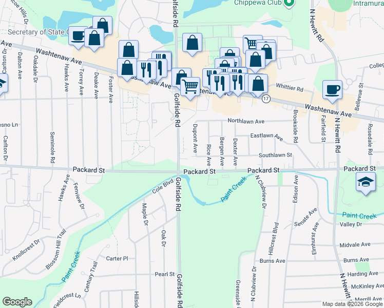 map of restaurants, bars, coffee shops, grocery stores, and more near 3110 Southlawn Street in Ypsilanti