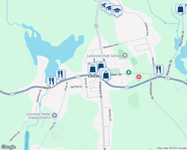 map of restaurants, bars, coffee shops, grocery stores, and more near 1100 Main Street in Leicester