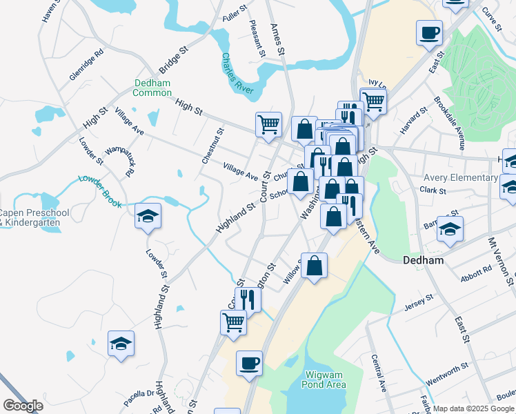 map of restaurants, bars, coffee shops, grocery stores, and more near 10 Highland Street in Dedham
