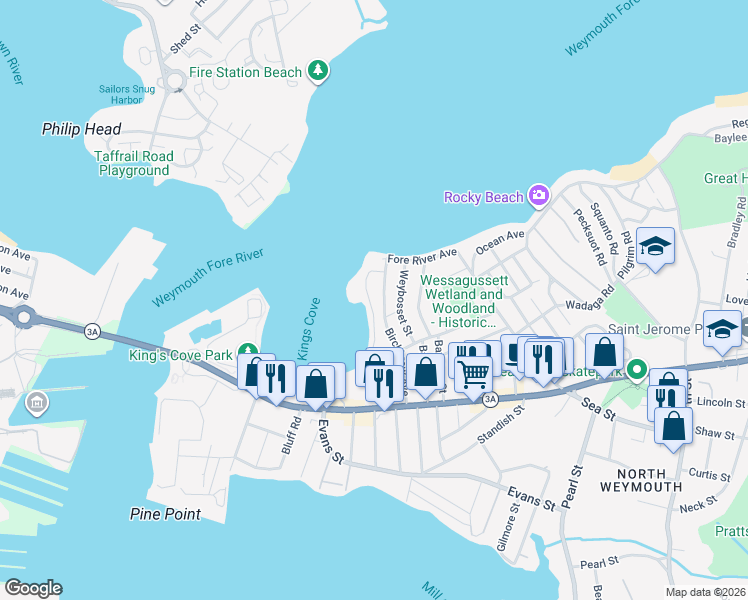 map of restaurants, bars, coffee shops, grocery stores, and more near 87 Kings Cove Beach Road in Weymouth