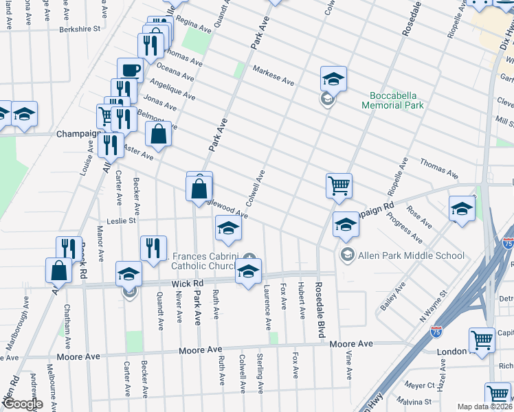 map of restaurants, bars, coffee shops, grocery stores, and more near 15101 Aster Avenue in Allen Park