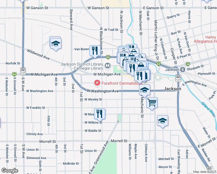 map of restaurants, bars, coffee shops, grocery stores, and more near 232 West Washington Avenue in Jackson