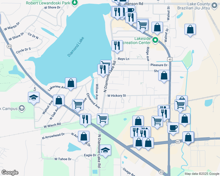 map of restaurants, bars, coffee shops, grocery stores, and more near 26362 North Diamond Lake Road in Mundelein