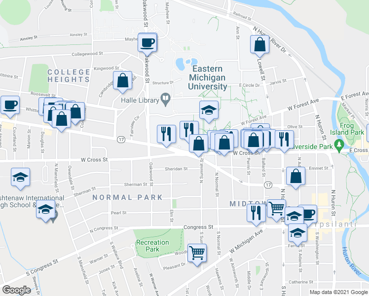 map of restaurants, bars, coffee shops, grocery stores, and more near 898 West Cross Street in Ypsilanti