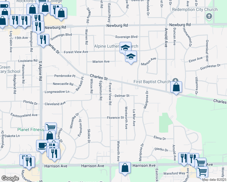 map of restaurants, bars, coffee shops, grocery stores, and more near 2024 Forest View Road in Rockford