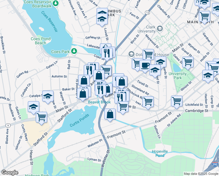map of restaurants, bars, coffee shops, grocery stores, and more near 1050B Main Street in Worcester