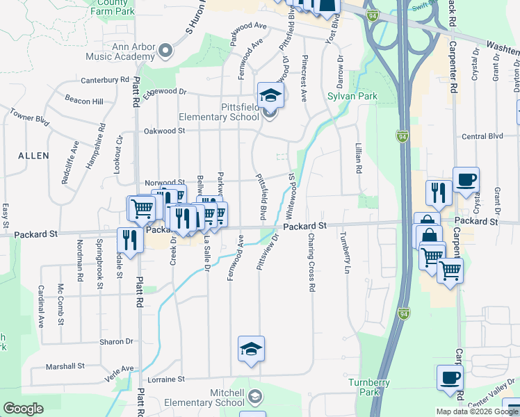 map of restaurants, bars, coffee shops, grocery stores, and more near 2832 Pittsfield Boulevard in Ann Arbor