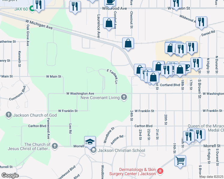 map of restaurants, bars, coffee shops, grocery stores, and more near 1000 East Tanbark Lane in Jackson