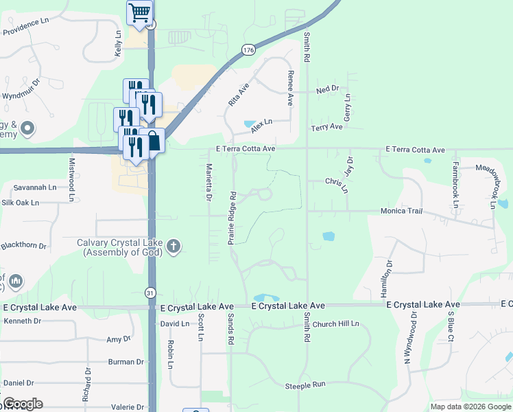 map of restaurants, bars, coffee shops, grocery stores, and more near 4217 Weatherstone Road in Crystal Lake