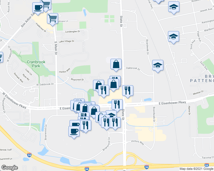 map of restaurants, bars, coffee shops, grocery stores, and more near 650 Hidden Valley Club Drive in Ann Arbor