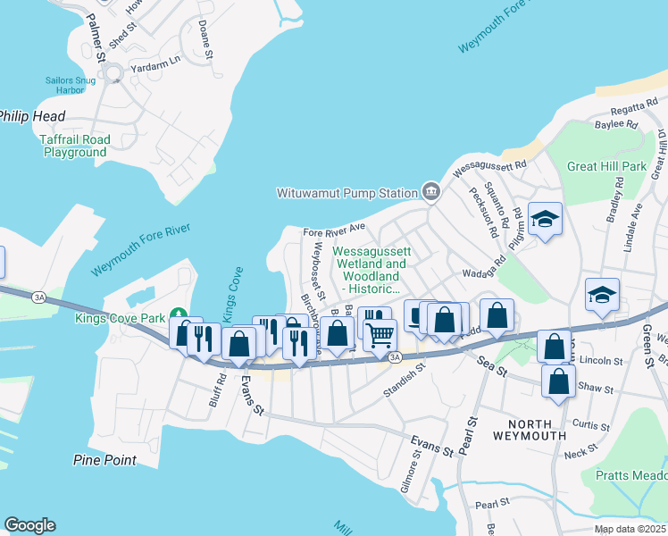 map of restaurants, bars, coffee shops, grocery stores, and more near 37 Holbrook Road in Weymouth