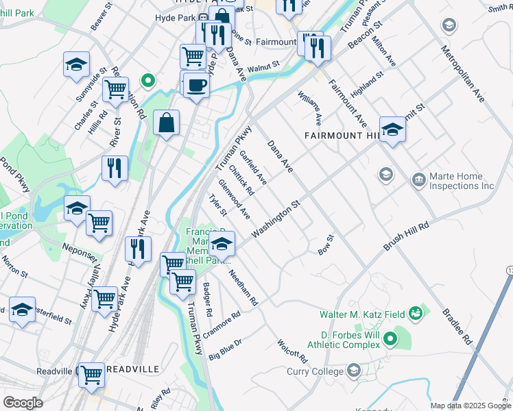 map of restaurants, bars, coffee shops, grocery stores, and more near 75 Chittick Road in Boston