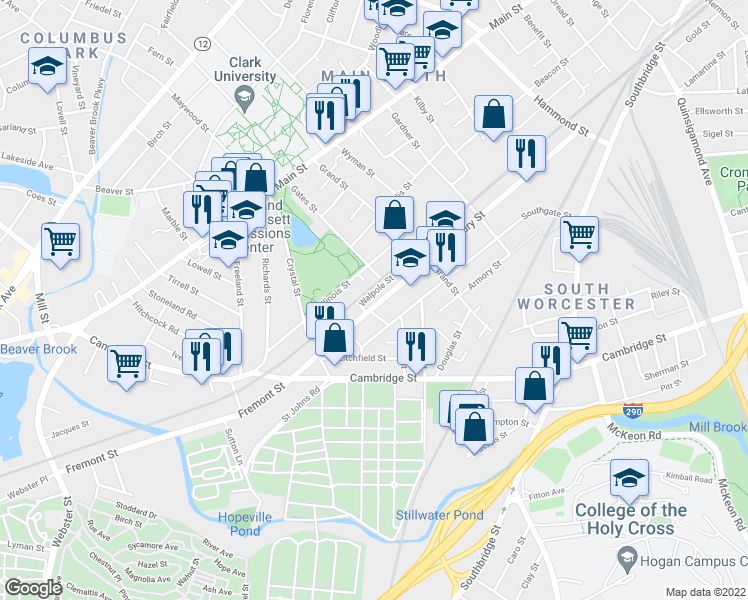 map of restaurants, bars, coffee shops, grocery stores, and more near 162 Canterbury Street in Worcester