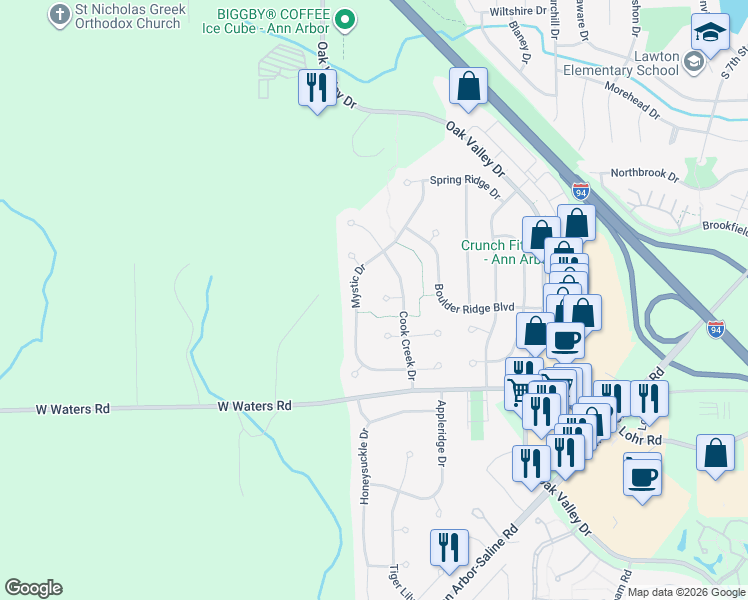 map of restaurants, bars, coffee shops, grocery stores, and more near 2789 Mystic Drive in Ann Arbor