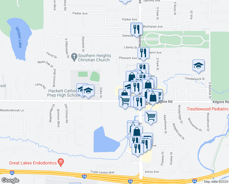 map of restaurants, bars, coffee shops, grocery stores, and more near 734 West Kilgore Road in Kalamazoo