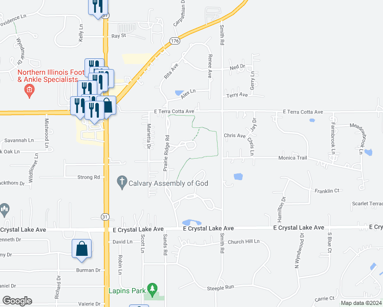 map of restaurants, bars, coffee shops, grocery stores, and more near 4217 Weatherstone Road in Crystal Lake