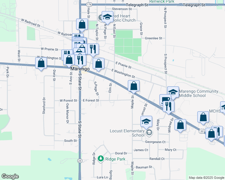map of restaurants, bars, coffee shops, grocery stores, and more near 329 Elm Street in Marengo