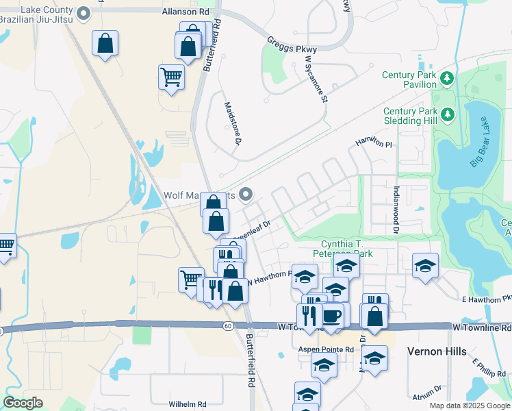 map of restaurants, bars, coffee shops, grocery stores, and more near 423 Roosevelt Road in Vernon Hills