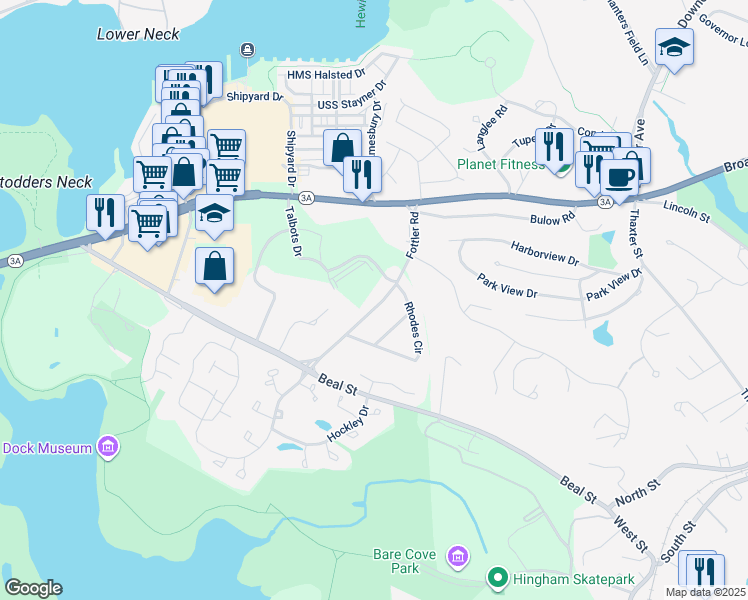 map of restaurants, bars, coffee shops, grocery stores, and more near 40 Fottler Road in Hingham